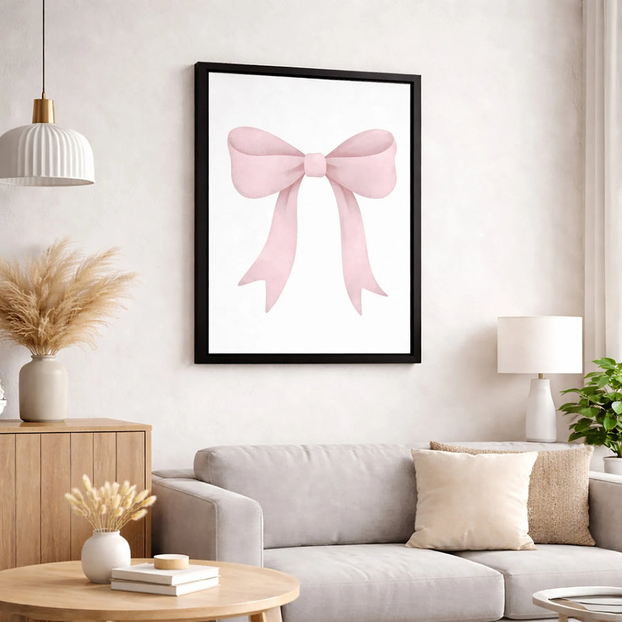 Pink Bow Wall Art | Watercolor Ribbon Aesthetic Canvas Print | Minimalist Gallery Wrap Decor | Soft Pastel Nursery & Bedroom Wall Decor