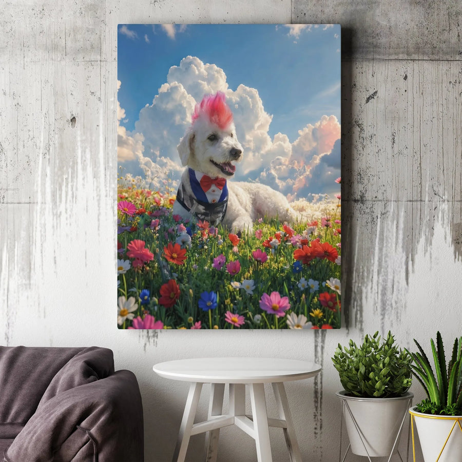 Punk Rock Poodle Canvas Wall Art | Pink Mohawk Dog in Tuxedo Print | Premium Gallery Wrapped Canvas | Unique Wall Decor Gift for Dog Lover