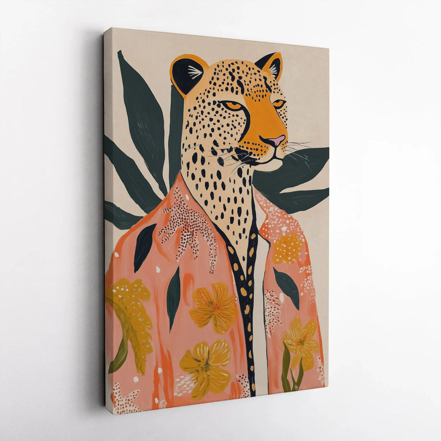 Leopard Portrait Canvas Art | Boho Pink Floral Jacket Print | Premium Gallery Wrapped Wall Decor | Whimsical Animal Home Gift