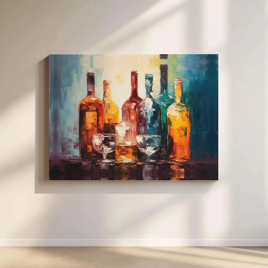 Colorful Wine Bottles Canvas Art | Abstract Still Life Oil Painting Print | Gallery Quality 1.25 Inch Wrap | Premium Dining Room Wall Decor