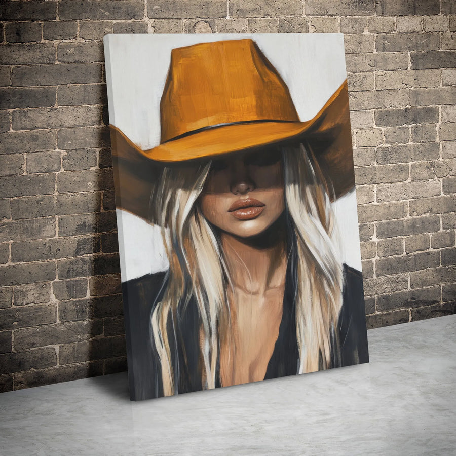 Western Cowgirl Wall Art | Blonde Woman in Orange Cowboy Hat Oil Painting Style | Premium Gallery Wrap Canvas | Modern Farmhouse Home Decor