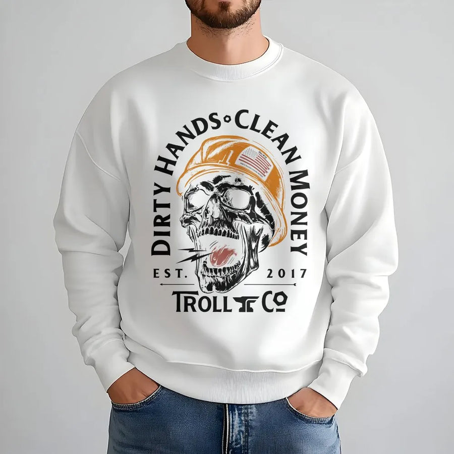 Dirty Hands Clean Money Sweatshirt | Blue Collar Skull Hard Hat Graphic | Premium Cotton Blend | Gift for Construction Worker & Labor Trades