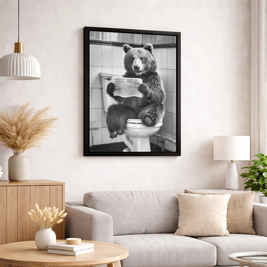 Bear Reading Newspaper on Toilet Canvas Art | Funny Bathroom Wall Decor | Premium Fade-Resistant Print | Quirky Gift for Bathroom Lovers
