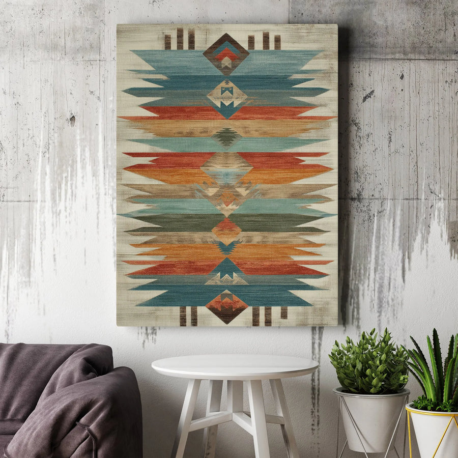 Southwestern Geometric Canvas Wall Art | Earthy Teal and Rust Pattern | Premium Gallery Wrap Print | Modern Boho Home Decor for Living Room