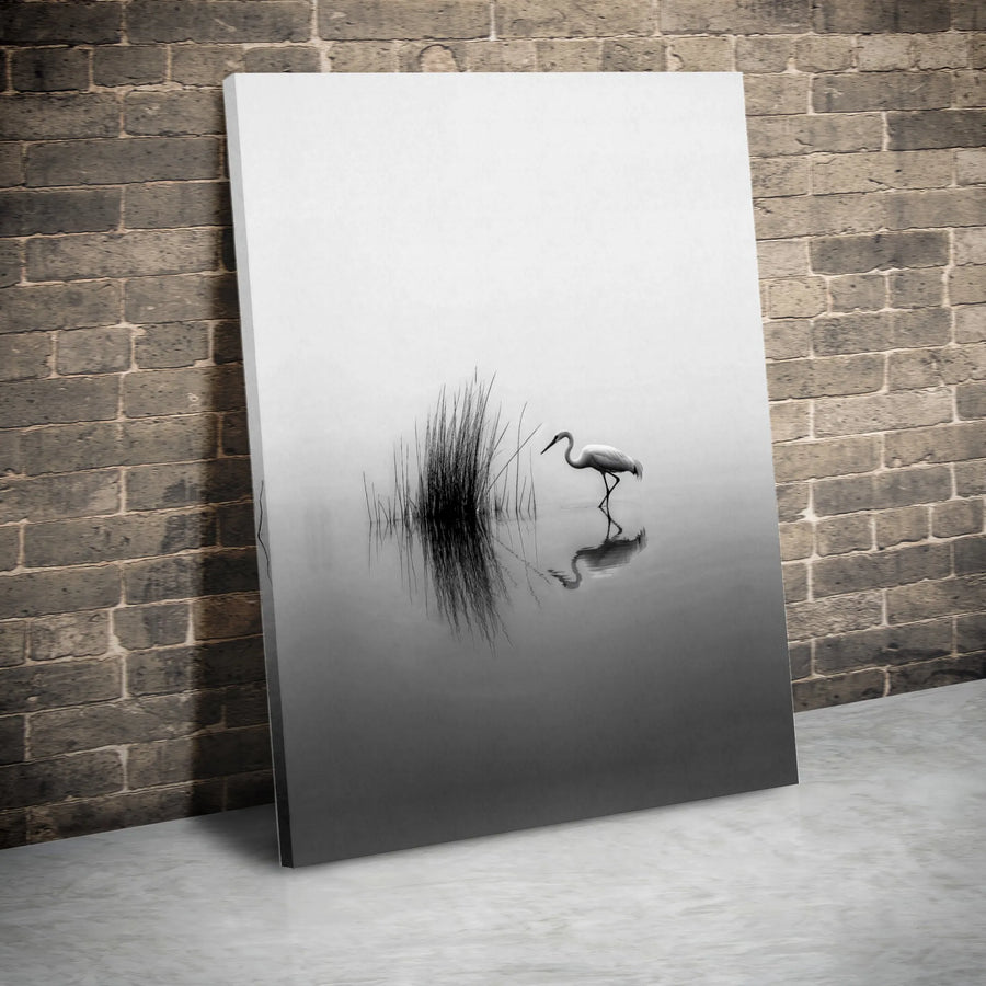 Egret Wall Art Canvas | Minimalist Misty Lake Reflection Print | Gallery Quality 1.25 Inch Wrap | Modern Nature Home Decor Gift