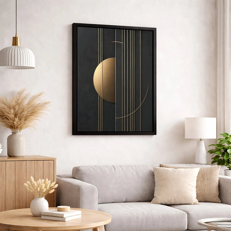 Abstract Geometric Wall Art | Minimalist Gold Lines On Black Canvas | Gallery Quality 1.25" Profile | Modern Living Room Home Decor