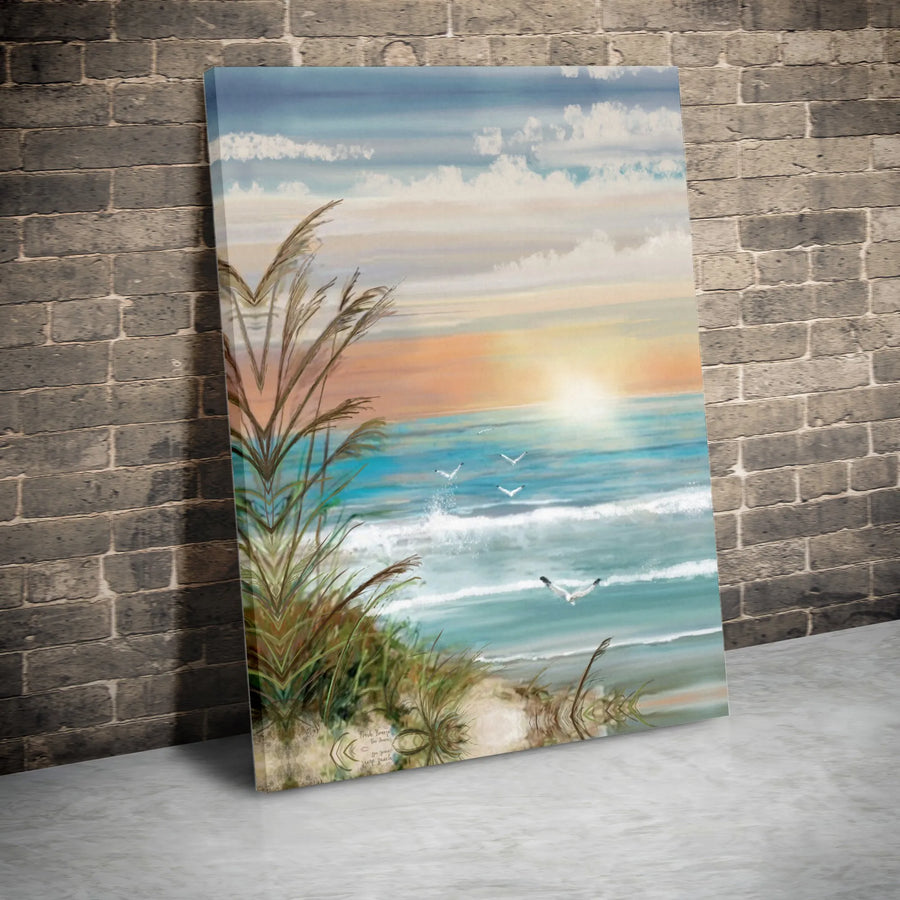 Coastal Beach Sunset Wall Art | Seagulls and Sea Grass Landscape Print | Premium 1.25" Gallery Wrapped Canvas | Serene Ocean Home Decor Gift
