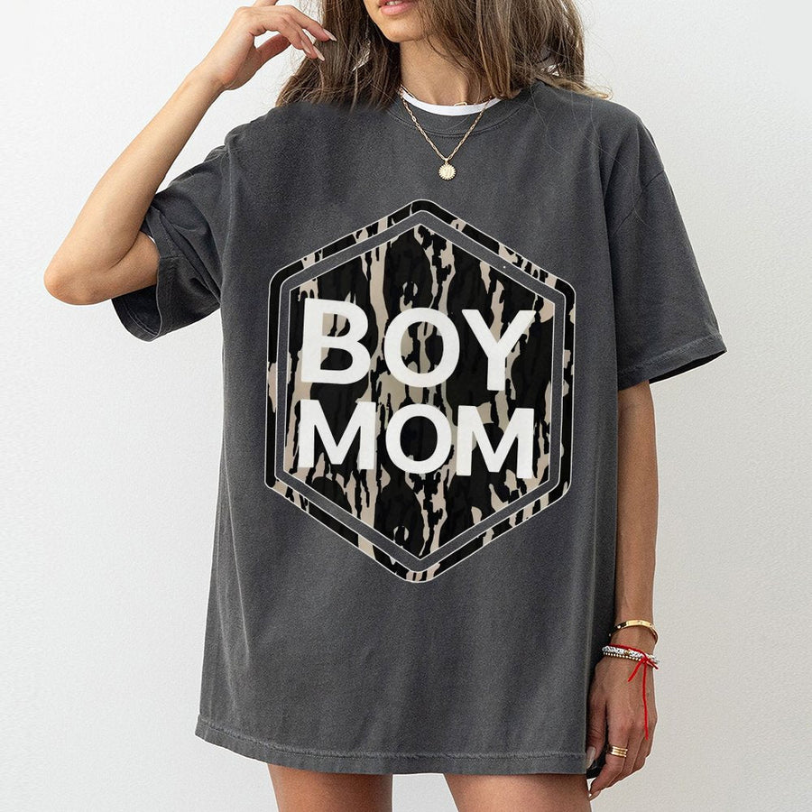 Boy Mom T-Shirt | Camo Hexagon Graphic Print | Premium Soft Cotton | Stylish Gift for Mothers and Mama Bear Lovers