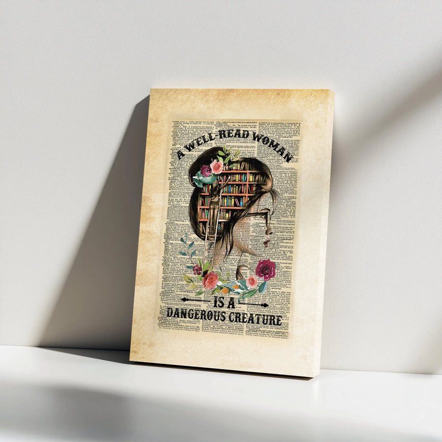 Well Read Woman Is A Dangerous Creature Canvas | Vintage Dictionary Book Art Print | Premium Gallery Wrap Decor | Literary Gift For Readers