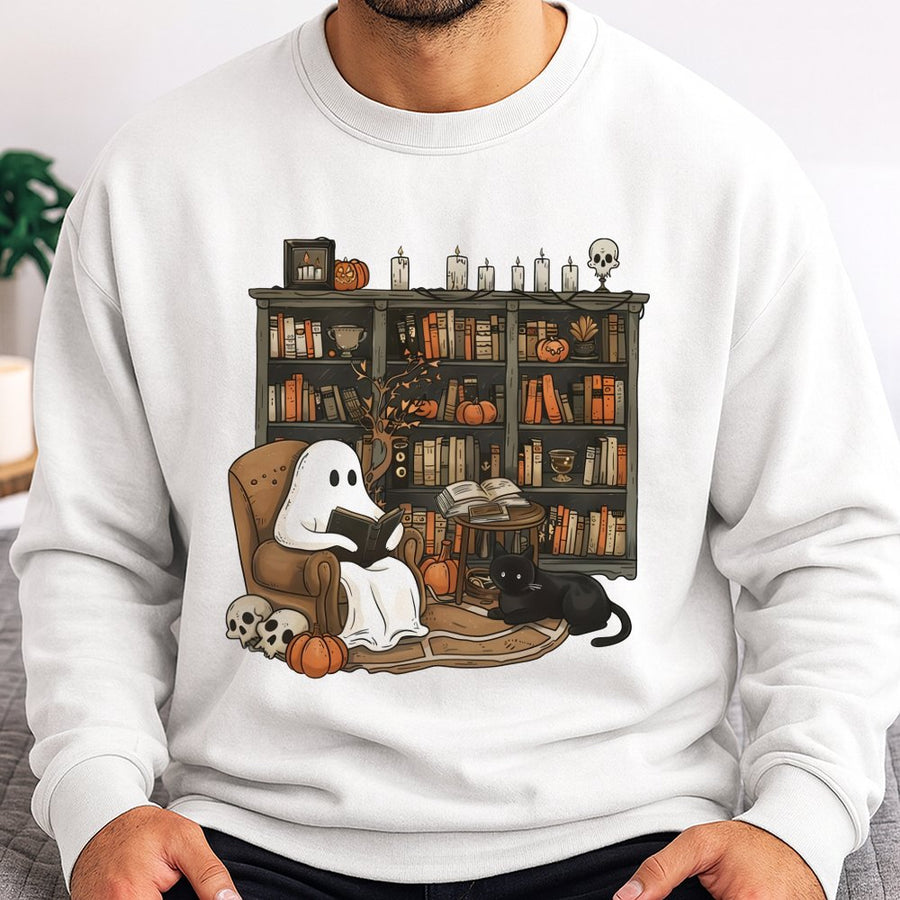 Ghost Reading Books Sweatshirt | Cute Librarian Halloween Graphic | Soft Cotton Blend Cozy Pullover | Bookworm Fall Gift For Her