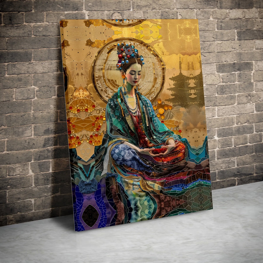 Zen Goddess Canvas Wall Art | Mosaic Stained Glass Style Oriental Art | Premium Thick Gallery Canvas | Yoga Studio & Meditation Room Decor Gift