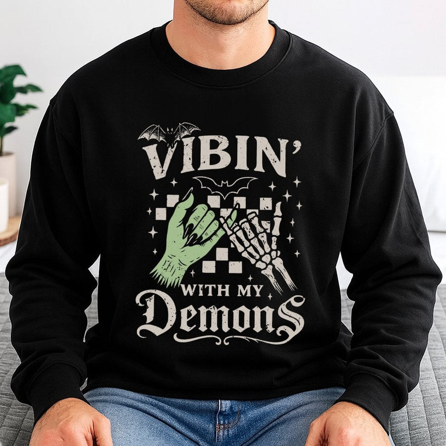 Vibin With My Demons Sweatshirt | Spooky Skeleton Hand Graphic | Premium Cotton Blend | Funny Halloween Gift for Gothic Aesthetic Lovers