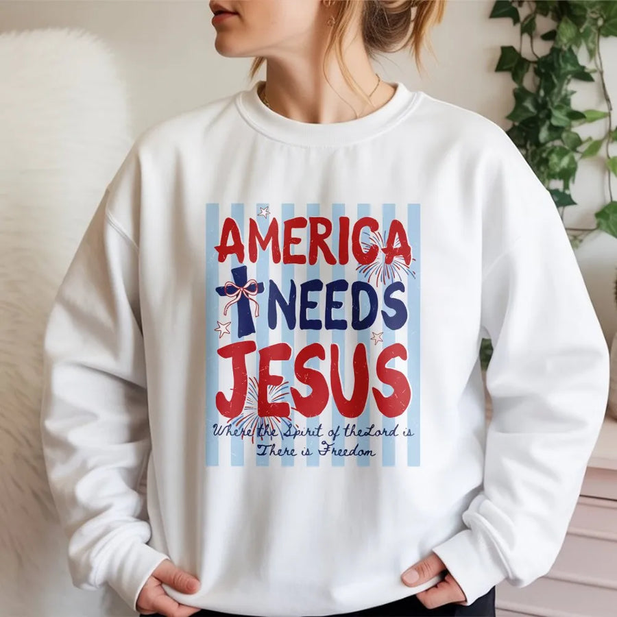 America Needs Jesus Sweatshirt | Patriotic Coquette Bow USA Graphic | Premium Cotton Comfort Colors Tee | 4th of July Christian Faith Gift