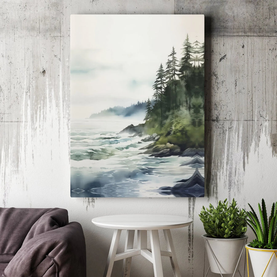 Misty Coastal Forest Canvas Wall Art | Watercolor Pacific Northwest Landscape Print | 1.25” Gallery Wrap | Serene Nature Home Decor Gift