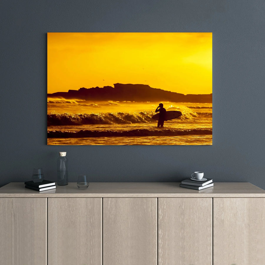 Surfer Sunset Wall Art | Golden Ocean Silhouette Canvas | 1.25 Inch Gallery Wrap | Coastal Beach Decor for Home or Office Gift