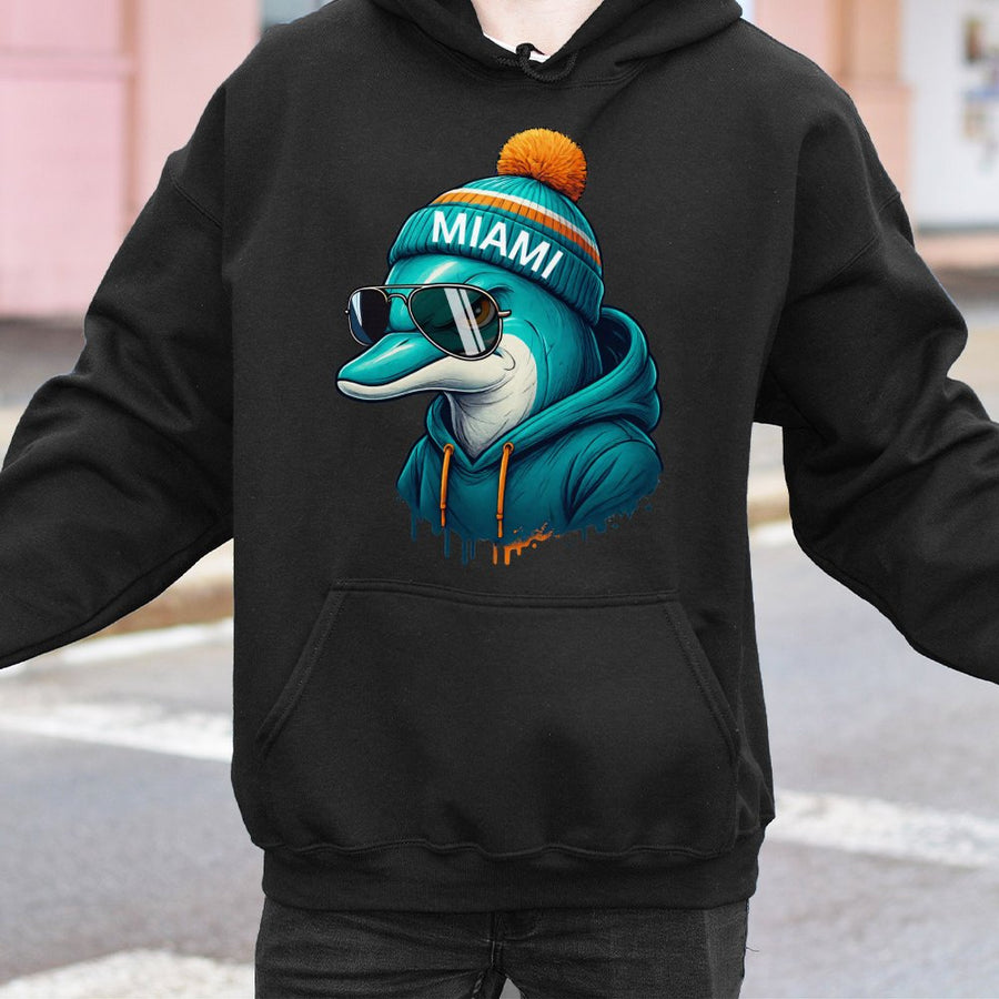 Miami Dolphin Wearing Sunglasses, Beanie, And Hoodie