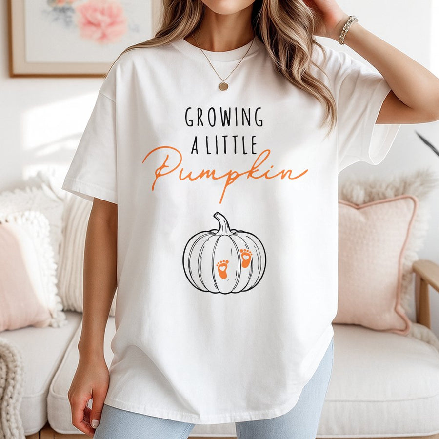 Growing A Little Pumpkin T-Shirt | Fall Pregnancy Announcement Design | 100% Soft Cotton Tee | Cute Expecting Mom Gift for Autumn