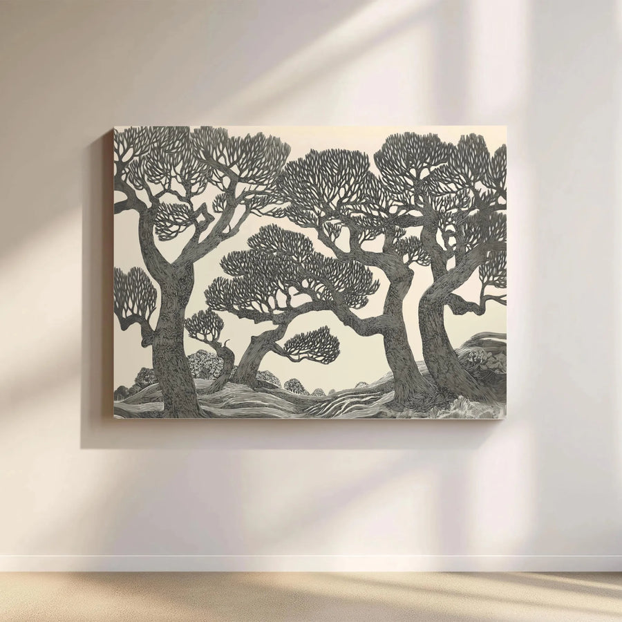 Gnarly Trees Canvas Wall Art | Monochrome Woodcut Illustration | 1.25 Inch Gallery Wrap Premium Decor | Modern Nature Forest Print for Home Office