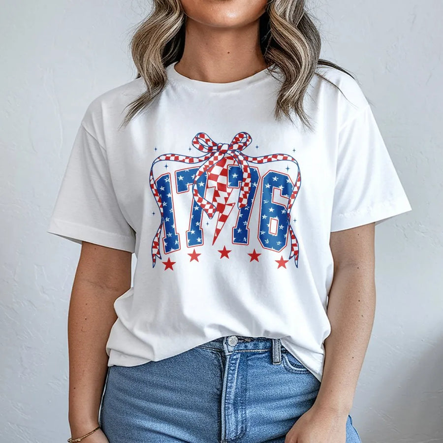 Retro 4th of July T-Shirt | Patriotic Preppy Coquette USA Design | 100% Cotton Premium Tee | Memorial Day Summer Outfit Gift