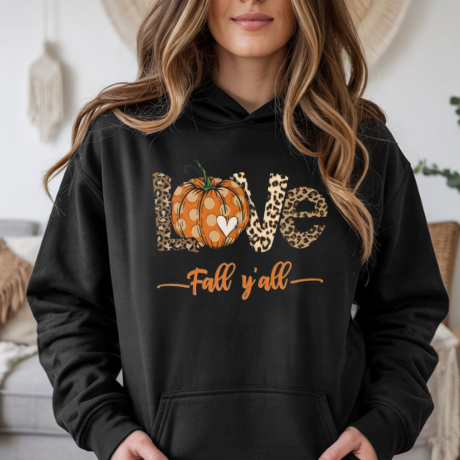 Fall Y’all Pumpkin Hoodie | Leopard Print Love Graphic | Premium Cotton Blend | Cozy Thanksgiving Autumn Gift for Women