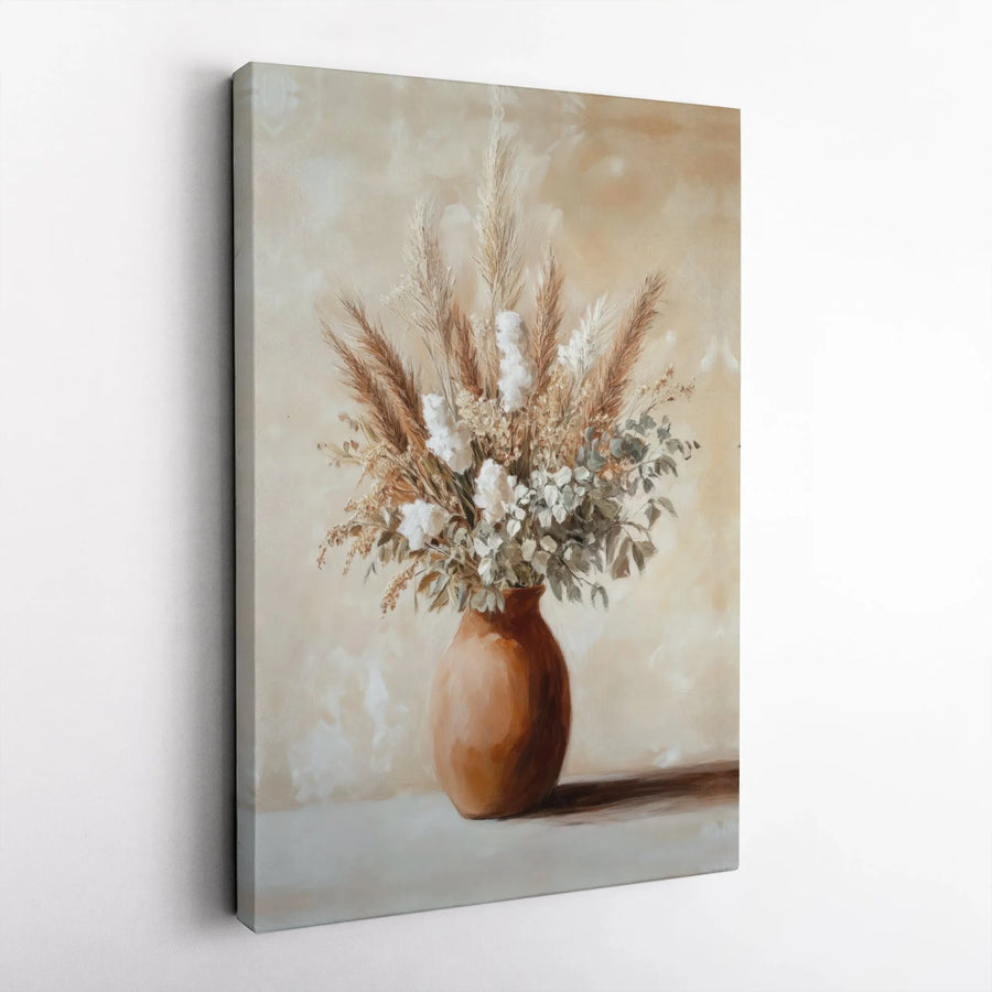 Boho Dried Flowers Canvas Art | Pampas Grass In Terracotta Vase | Premium Gallery Wrap Wall Decor | Neutral Minimalist Living Room Gift