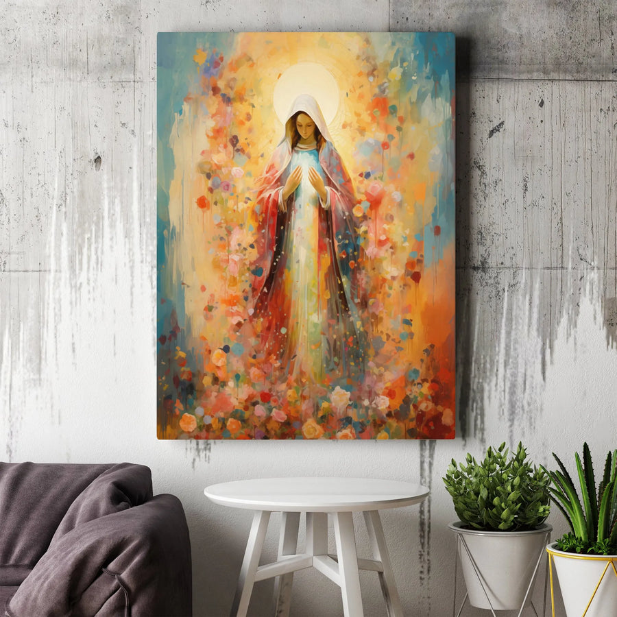 Virgin Mary Canvas Wall Art | Abstract Floral Watercolor Painting | Premium 1.25" Gallery Wrap | Modern Religious Home Decor Gift
