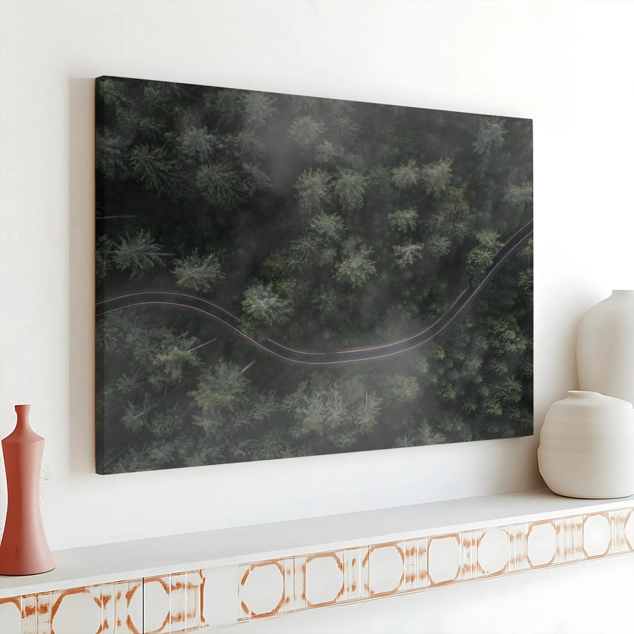 Aerial Forest Road Canvas Print | Moody Drone Photography Wall Art | Premium Gallery Wrap | Modern Nature Decor Gift for Living Room