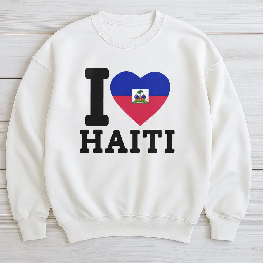 Haitian Pride Sweatshirt | I Love Haiti Flag Heart Graphic | Soft Cotton Tee | Caribbean Heritage Gift for Haitian American