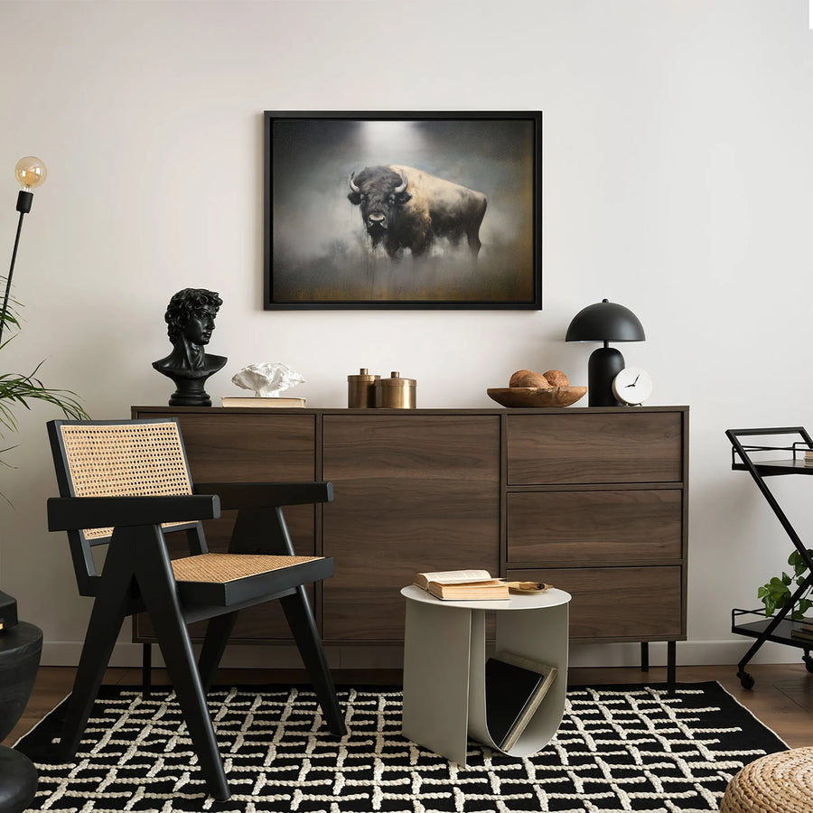 American Bison Canvas Wall Art | Moody Wildlife Portrait in Fog | Premium Gallery-Wrapped Print | Rustic Farmhouse Home Decor Gift