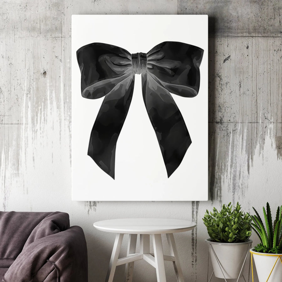 Black Bow Wall Art | Minimalist Watercolor Ribbon Print | Premium Gallery Wrap Canvas | Aesthetic Home Decor For Bedroom Or Office