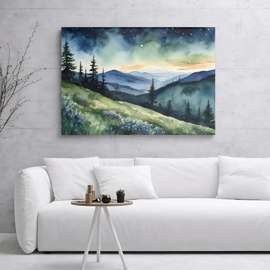 Watercolor Mountain Landscape Canvas | Starry Night Forest Wall Art | Premium 1.25 Inch Gallery Wrap | Serene Nature Decor For Living Room