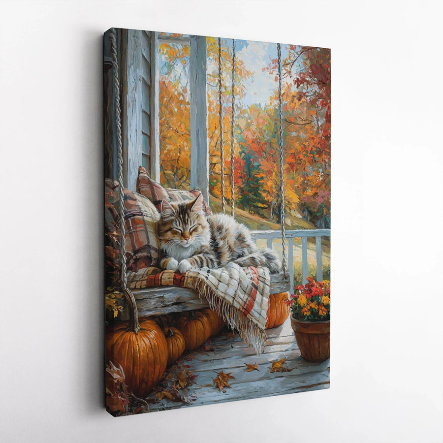 Cozy Autumn Cat Vertical Canvas | Sleeping Kitten on Porch Swing with Pumpkins | Premium 1.25" Thick Wall Art | Gift for Cat Lovers & Farmhouse Decor