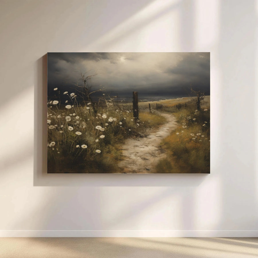 Moody Coastal Canvas Wall Art | Rustic Wildflower Path Painting Print | Premium Gallery Quality Canvas | Farmhouse Living Room Decor Gift