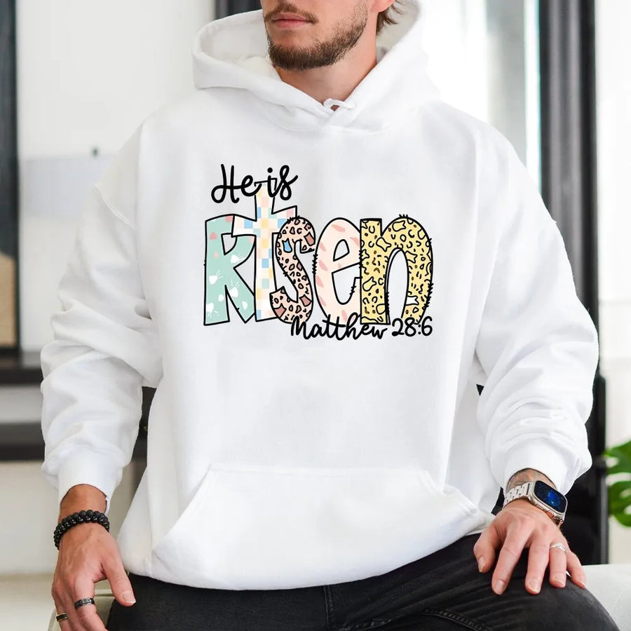 He Is Risen Hoodie | Leopard Print Cross Religious Graphic | Premium Cotton Blend | Christian Easter Gift for Women and Men