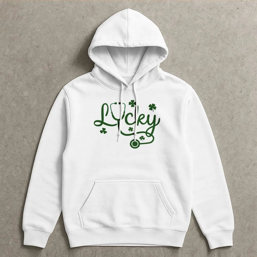 Lucky Nurse Hoodie | St Patricks Day Shamrock Stethoscope Design | Cotton-Poly Premium Blend | Gift for RN LPN Nursing Students