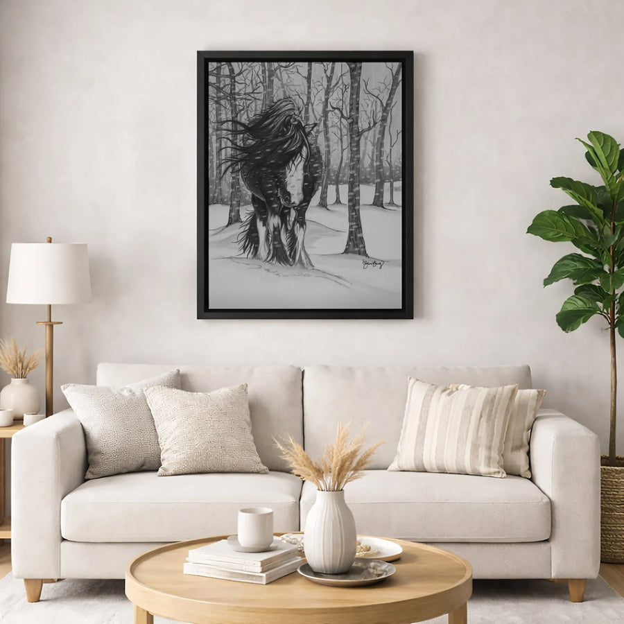 Clydesdale Horse Canvas Print | Snowy Winter Forest Sketch | Premium Gallery Wrapped Wall Art | Equestrian Home Decor Gift