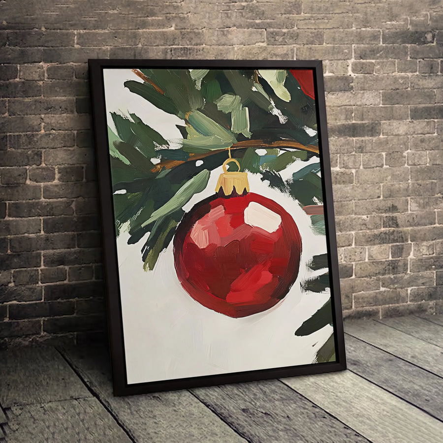 Christmas Ornament Wall Art | Red Bauble Pine Branch Painting | Premium Gallery-Wrapped Canvas | Holiday Home Decor Gift