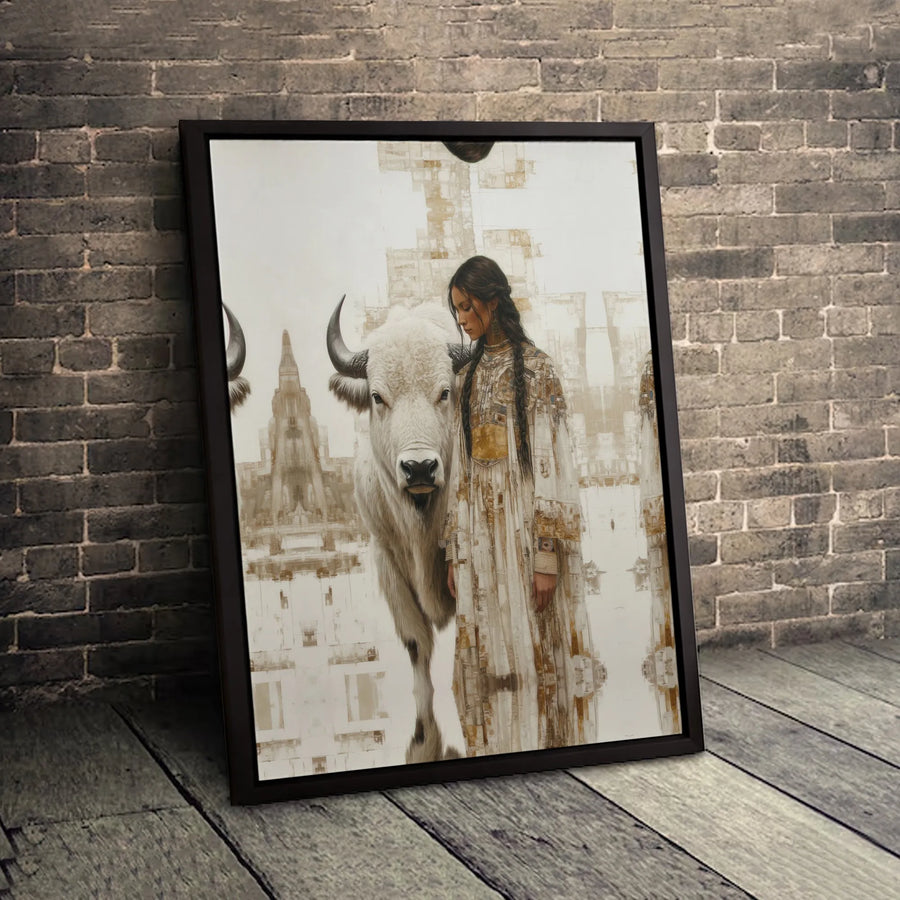 Native American Woman Wall Art | White Buffalo Spiritual Canvas | Gallery Quality Decor | Premium Cultural Home Gift