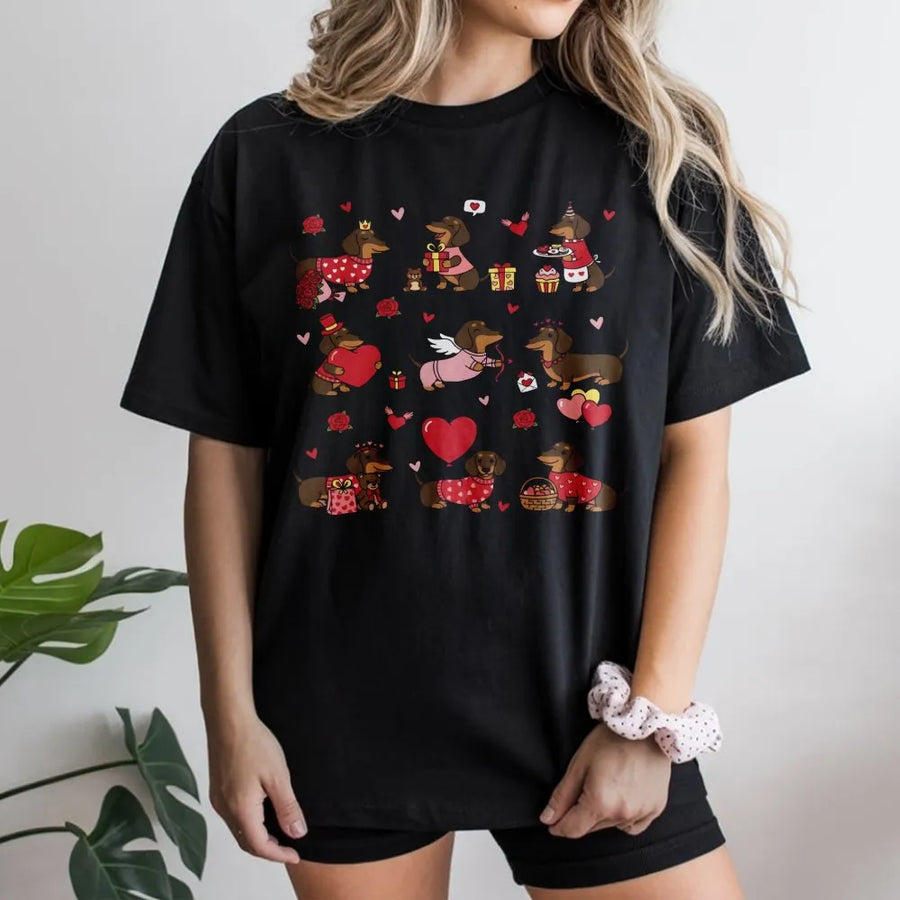Dachshund Valentine T-Shirt | Cute Wiener Dog Love Hearts Pattern | Premium Soft Cotton | Romantic Gift For Dog Lovers