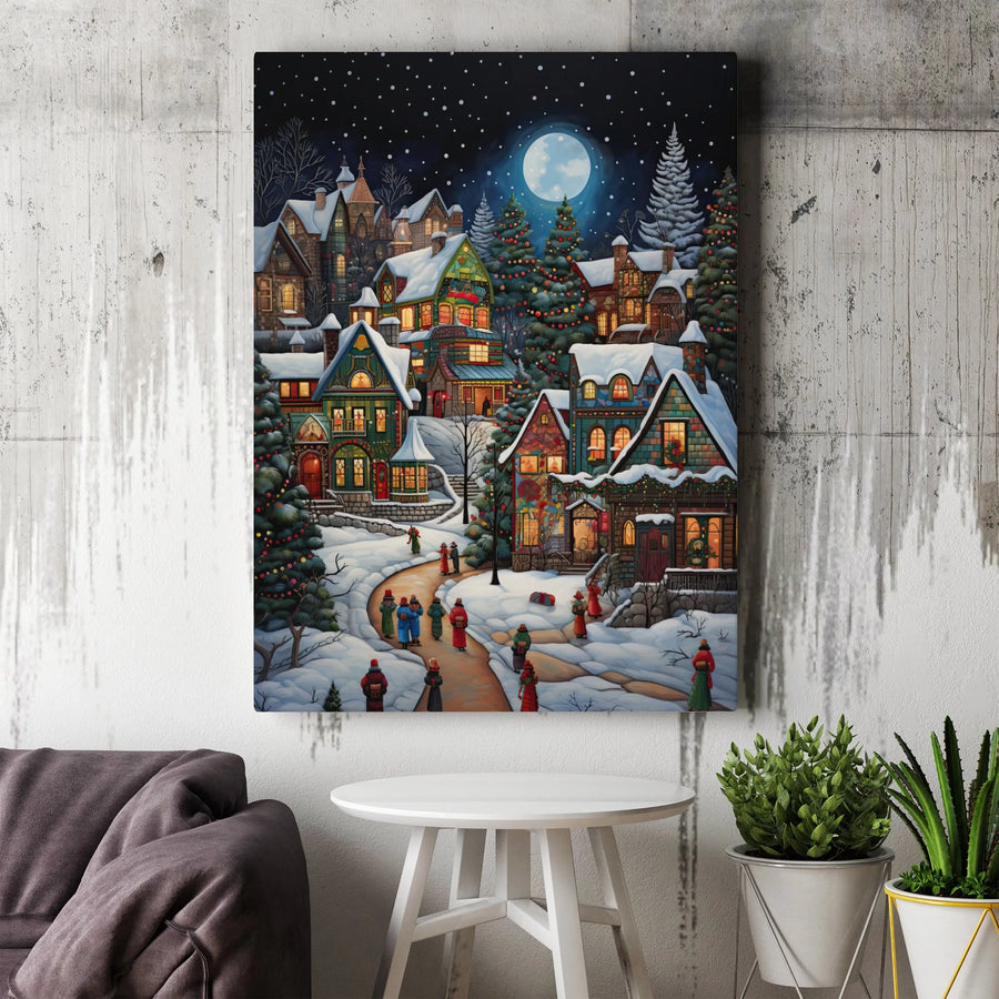 Snowy Christmas Village Canvas Wall Art | Whimsical Winter Night Landscape | Premium 1.25 Inch Gallery Wrap | Festive Holiday Home Decor Gift