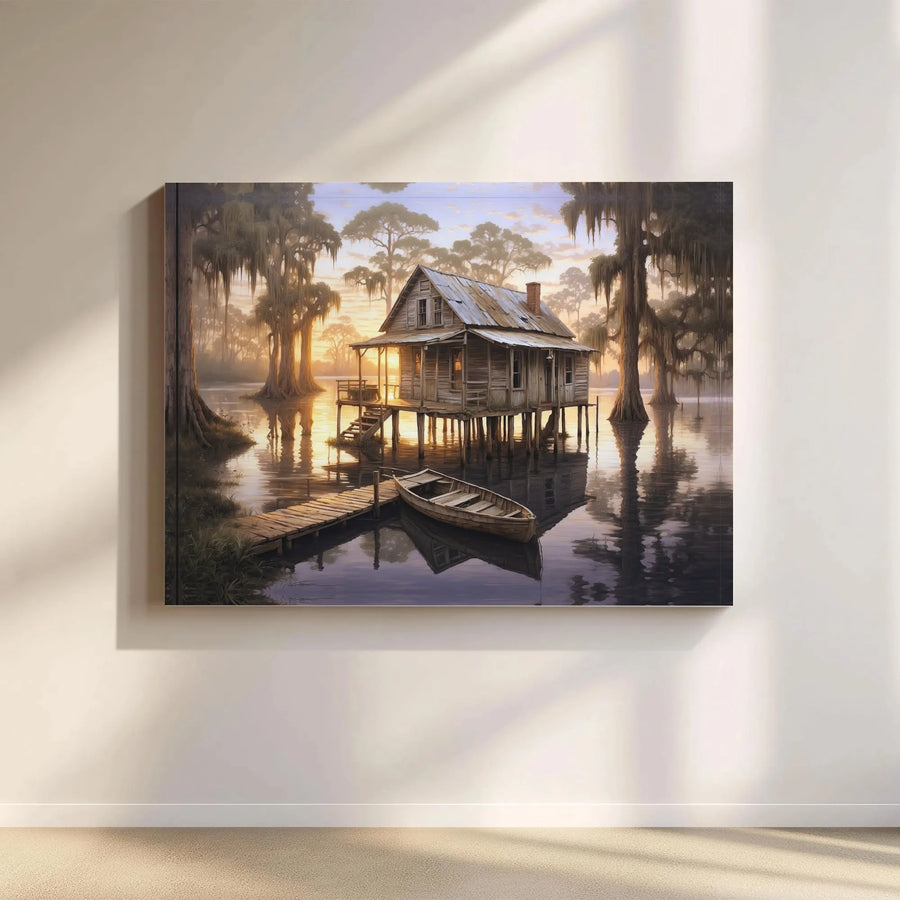 Bayou Cabin Canvas Wall Art | Rustic Swamp Landscape Painting Print | Premium Gallery Wrapped Canvas | Southern Home Decor Housewarming Gift