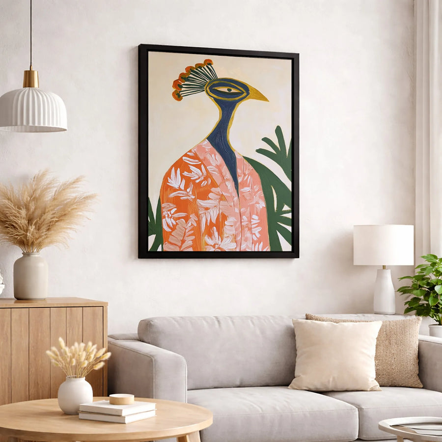 Abstract Peacock Wall Art | Whimsical Bird in Orange Floral Robe | Premium 1.25" Gallery Wrapped Canvas | Eclectic Modern Home Decor Gift