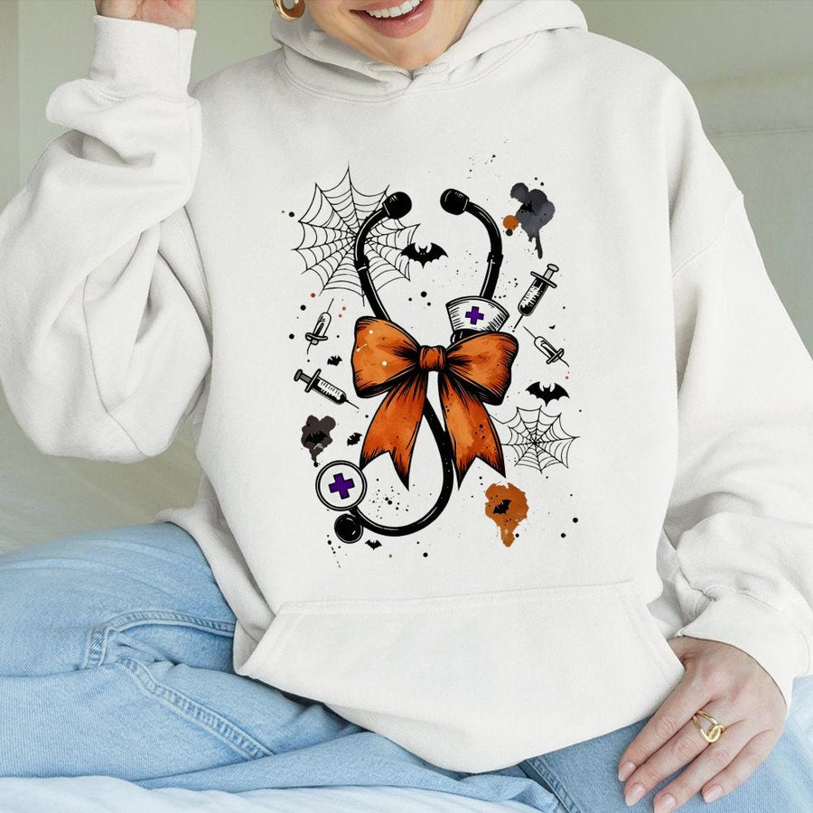 Halloween Nurse Hoodie | Stethoscope Bow Graphic Design | Soft Cotton Blend | Spooky Nursing Student Gift for Fall Season