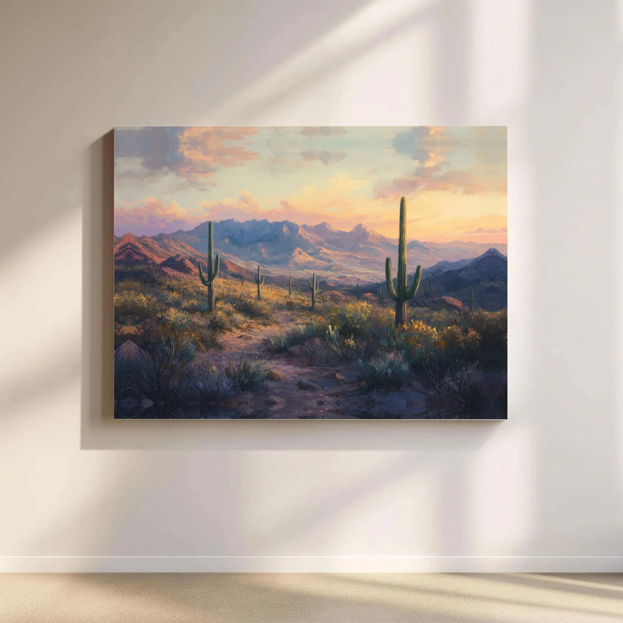 Desert Sunset Canvas Wall Art | Saguaro Cactus Landscape Painting | Premium Gallery Wrapped Print | Southwestern Home Decor Gift for Nature Lover