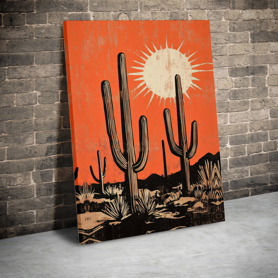 Mid Century Desert Landscape Wall Art | Saguaro Cactus Woodcut Print | Premium Gallery Wrapped Canvas | Southwestern Home Decor Gift