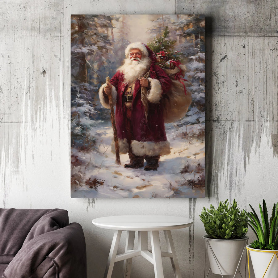 Vintage Santa Claus Wall Art | Snowy Forest Christmas Painting | Premium Gallery Wrapped Canvas | Holiday Home Decor Gift