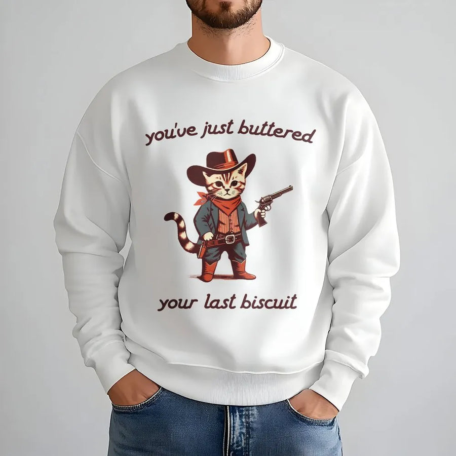 Cowboy Cat Sweatshirt | Funny Western Meowdy Partner Graphic | Premium Cotton Blend Crewneck | Cute Animal Lover Gift For Men And Women