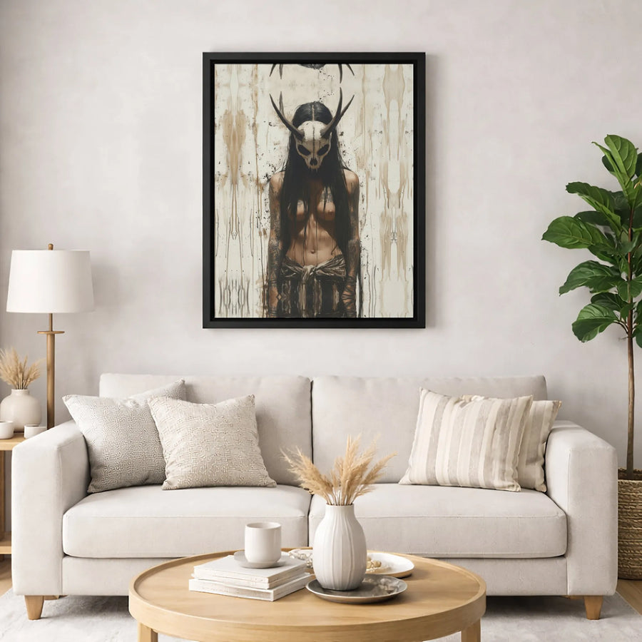 Gothic Skull Mask Canvas Wall Art | Dark Surreal Tattooed Woman Portrait | Premium 1.25 Inch Gallery Wrap | Edgy Home Decor Gift for Horror Fans
