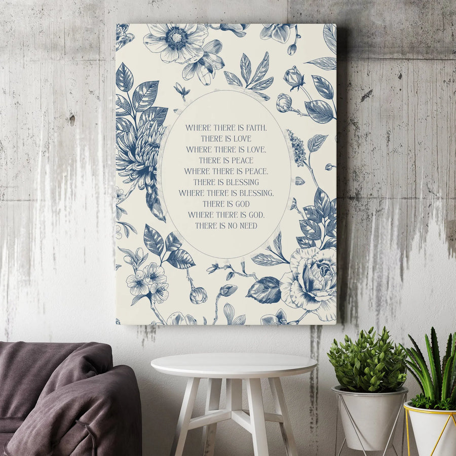 Religious Wall Art Canvas | Where There Is Faith Quote | Vintage Blue Floral Print | Inspirational Christian Home Decor Gift