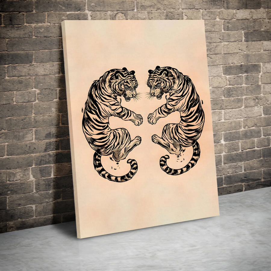 Japanese Tiger Art Canvas | Vintage Style Dual Tiger Print | Premium Gallery-Wrapped 1.25" Profile | Aesthetic Home Decor Gift